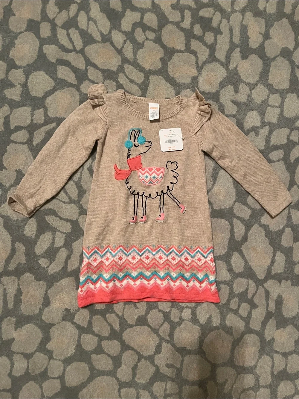 Girls Llama Sweater Dress with Coral and Teal Accents